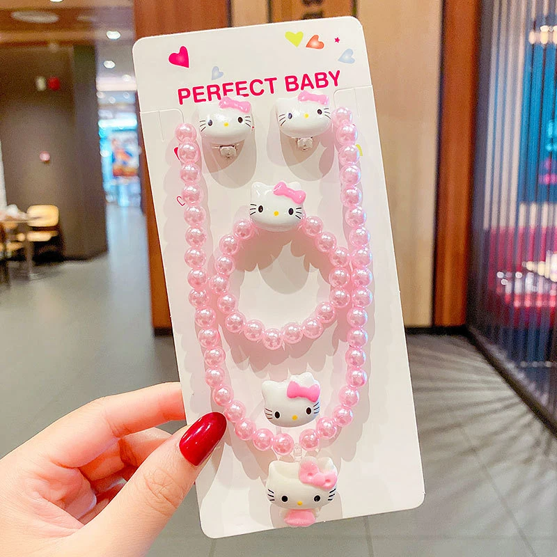 4 Stks/set Sanrio Cartoon Hello Kitty Ketting Vinger Ring Armband Set Kawaii Voor Meisjes Sieraden Accessoires Verjaardagscadeaus