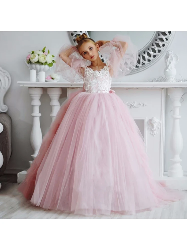 Vestido de tule rosa infantil, manga comprida, vestido de baile com aplique, primeira comunhão, florista, casamento, festa de aniversário, 2024