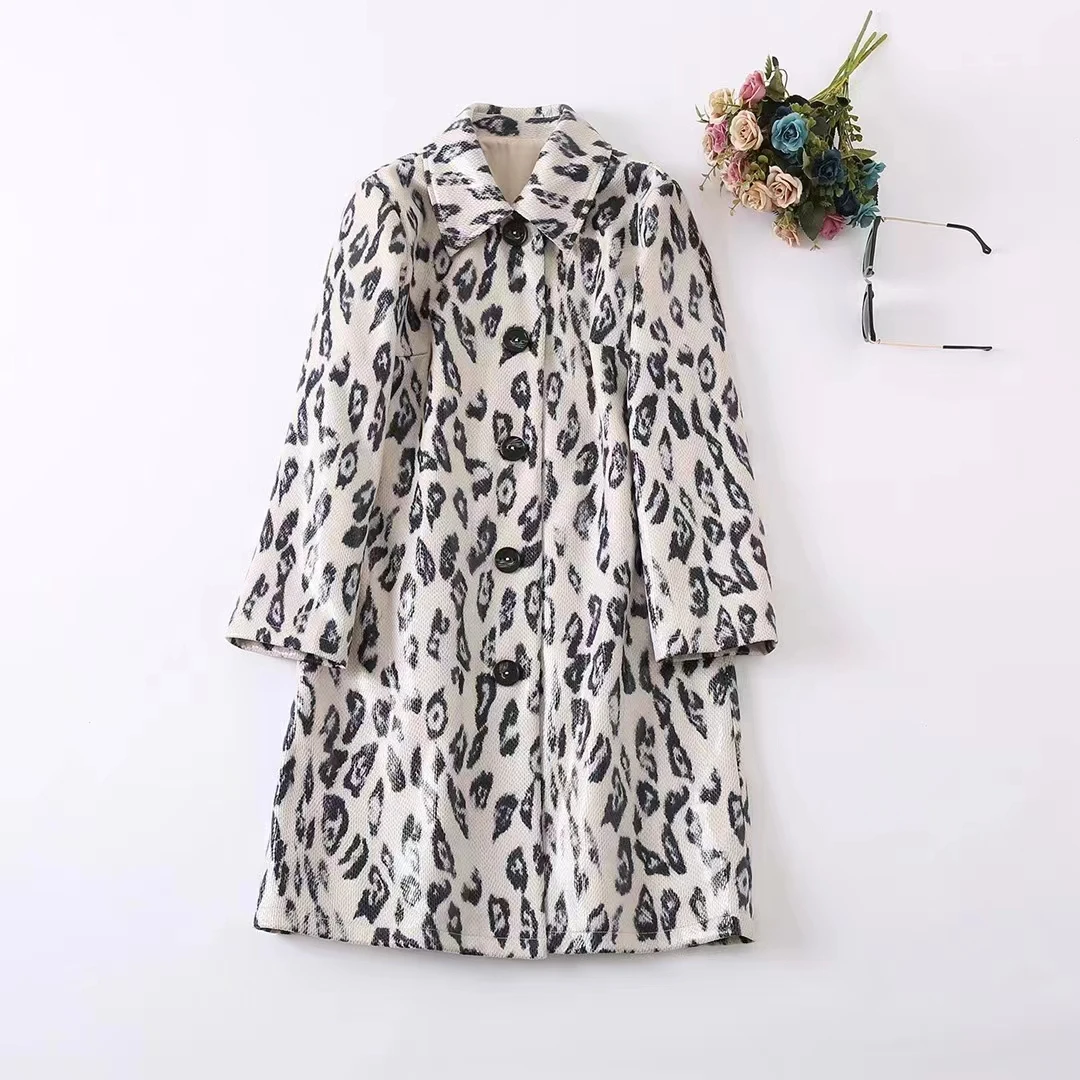 

New European and American women's wear for winter 2022 Leopard print single breasted long sleeve lapel Fashion trench coat