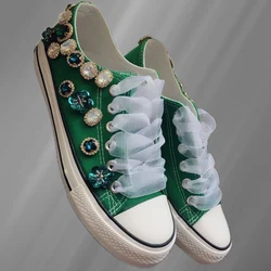 Custom design luxury rhinestone sequin lace leisure sports large size green canvas shoes low top women's shoes 35-44