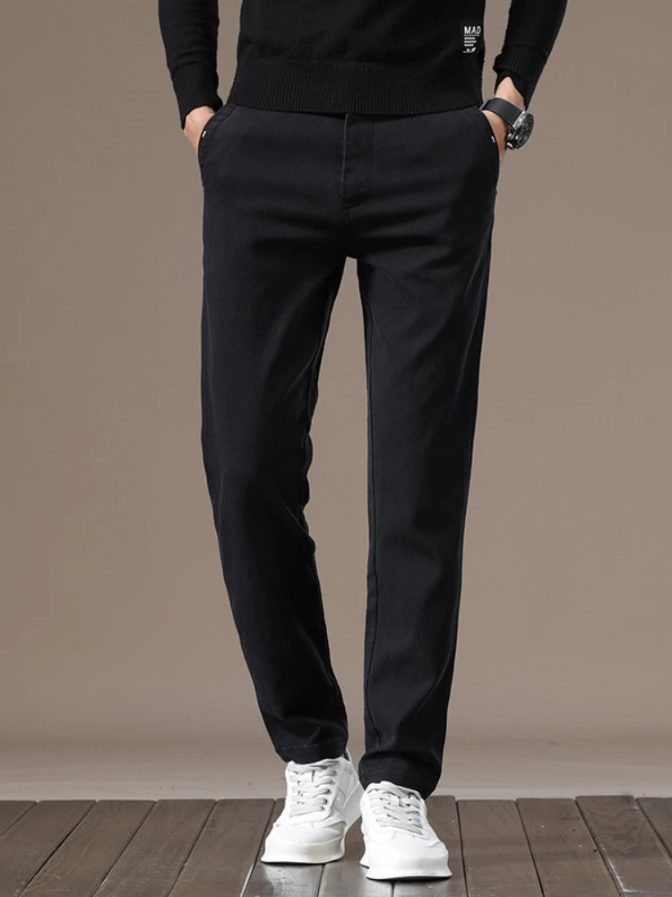 

Мужские повседневные однотонные длинные брюки, прямые брюки с высокой эластичной резинкой на талии, облегающие брюки с карманами, осень-зима 202, новинка