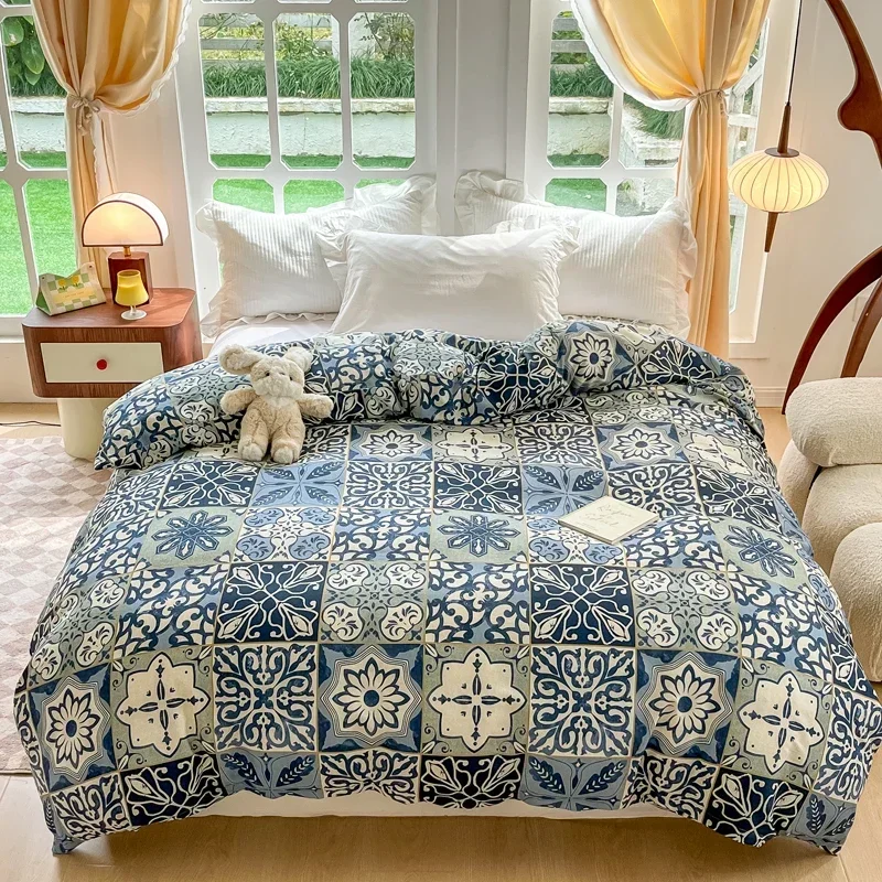 

100% Cotton Moroccan Blue Duvet Cover Bohemian Bedding for Men and Women Super Soft Skin-friendly Queen King Comforter Cover 1pc