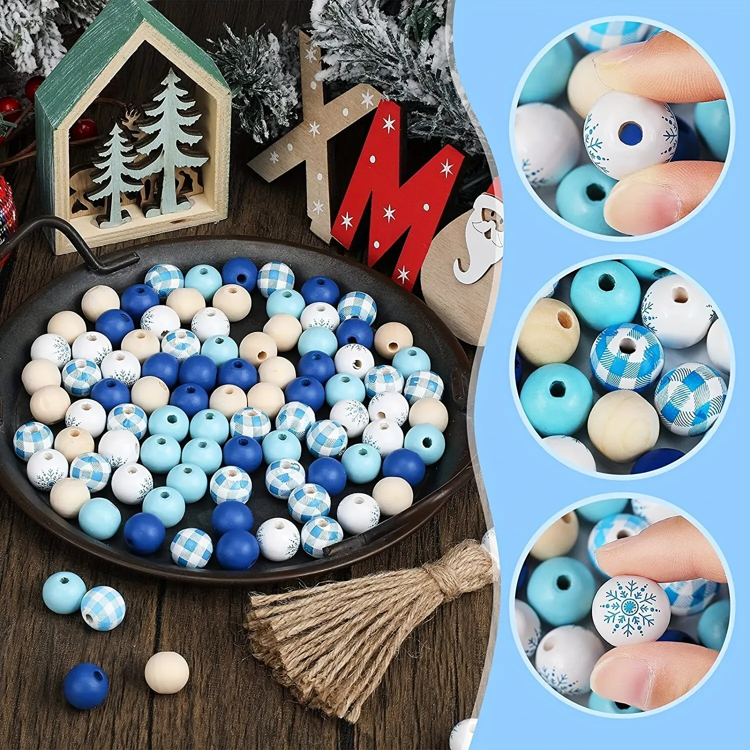 50pcs 16mm Snowflake Pattern Wooden Beads Round Plaid Wooden Beads DIY Craft Beads Home Party Decoration