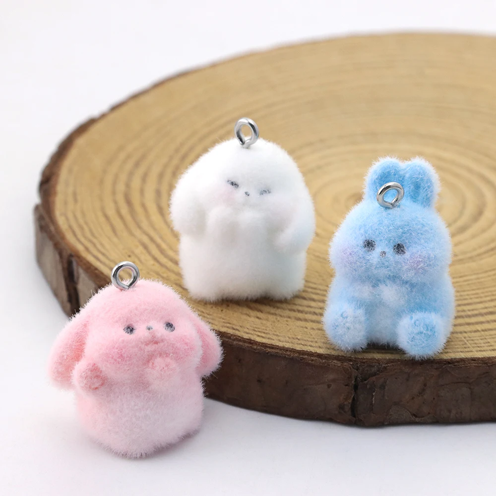20Pcs Resin Long-eared Rabbit Charms Flocking Cartoon Plush Dolls Pendant for Keychain Earrings Making DIY Jewelry Accessories