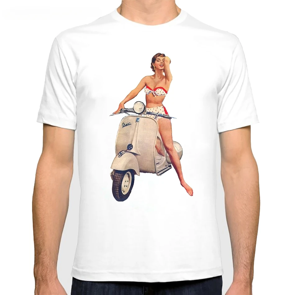 Motorcycle Pin Up Girl Intage Collection Graphic T-Shirt Fashion O-neck Men Short Sleeve Old Print White Casual Tops Tshirt