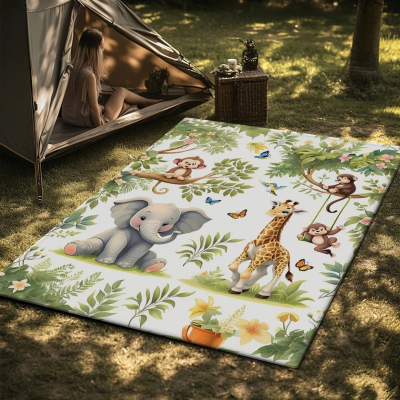 VIKAMA Jungle Animal Area Rug, Cute Cartoon Elephant Giraffe Monkey Large Carpet, Non-Slip Soft Kids Play Mat for Nursery Living