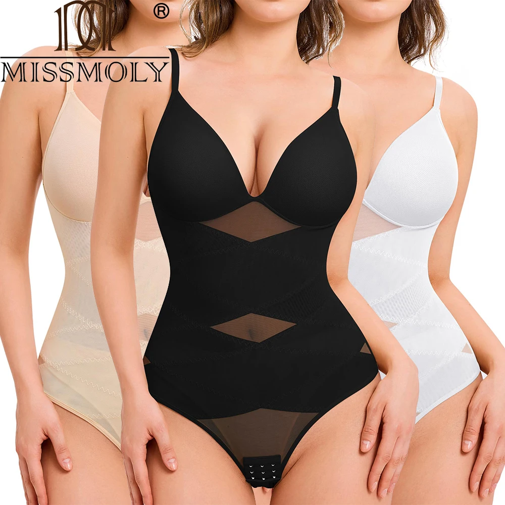 Kobiety Tummy Control Body Shaper Mesh Slimming Waist Briefs Bodysuit V Neck Body Shaper Butt Lifter Smooth Body with Built in Bra