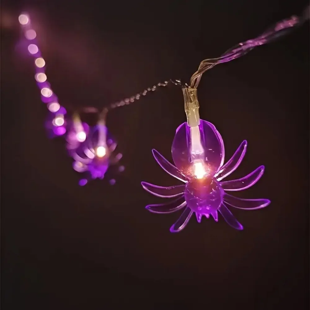 1PC 1.5M10LED/3M20LED Halloween Indoor LED Purple Spider Shaped Light String, Battery Powered, Used For Holiday Decoration