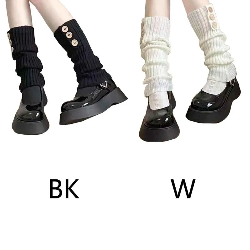 

Женские вязаные гетры в японском стиле в рубчик, боковые 3 пуговицы с декором, однотонные длинные носки до икры, эластичные для