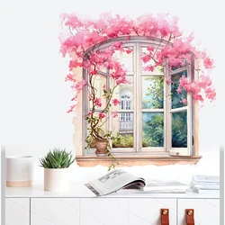 M724 Pink Flower Window Funny  Wall Sticker Kids Room Background Home Decoration Mural Living Room Wallpaper Decal