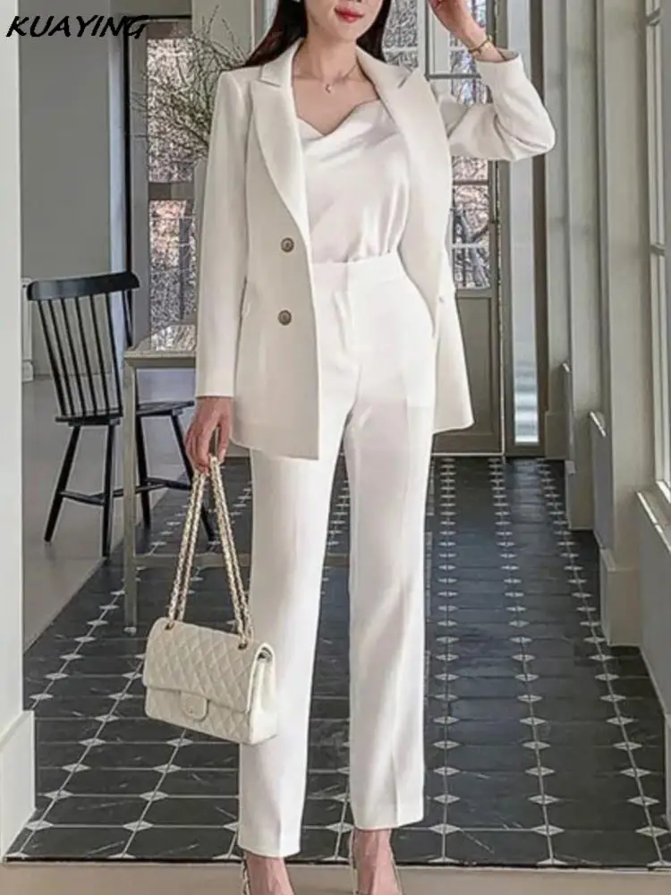 Women Casual Elegant Business Trousers Suit Office Ladies Slim Vintage Blazer Pantsuit Fashion Korean Female Clothes Two Pieces