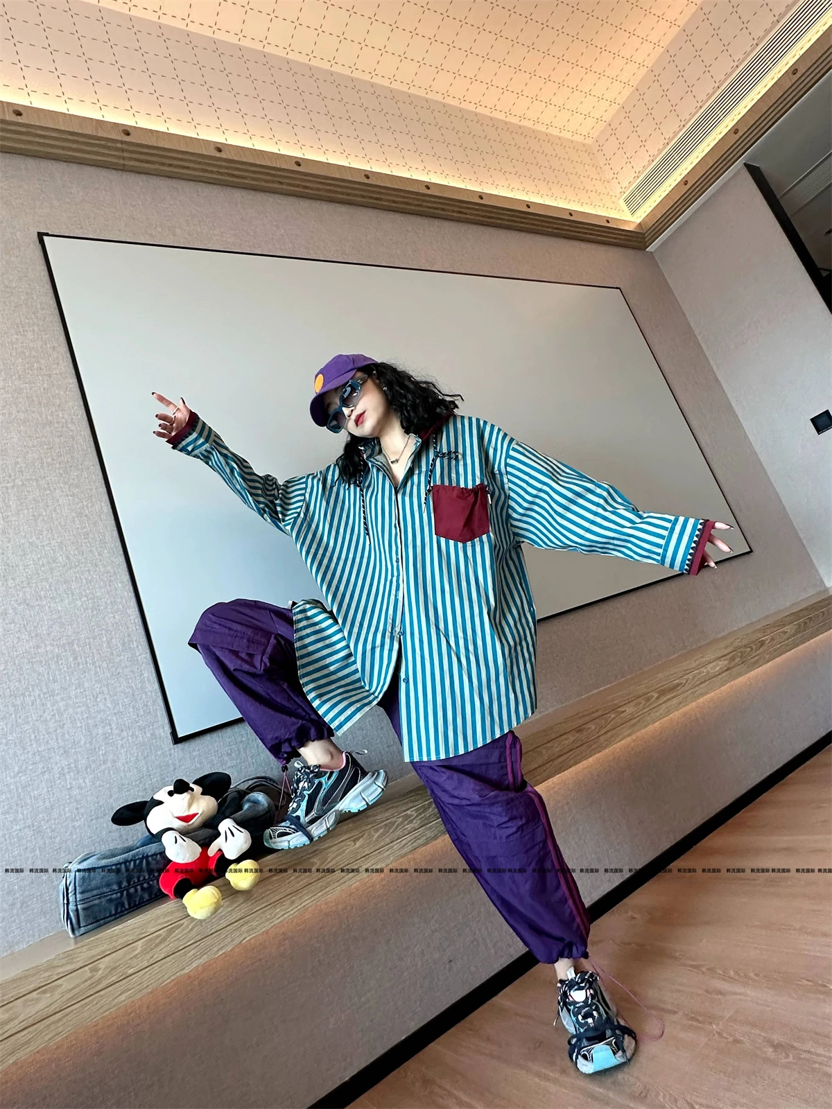 Oversize Shirt for Women 2025 Autumn New Cartoon Print Design Striped Shirt Mid-Length Loose Color-Block Hooded Top