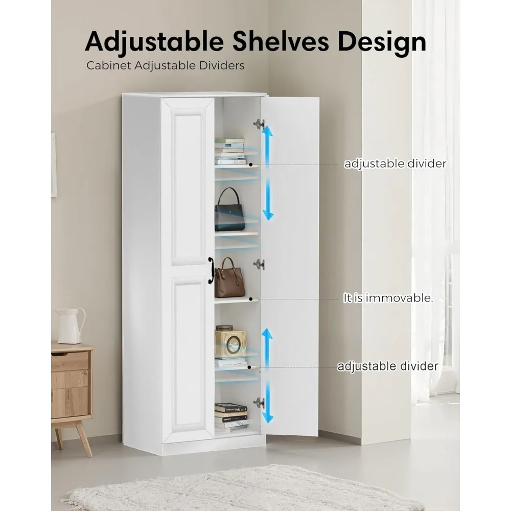 Mueble de almacenamiento/muebles de despensa, acabado blanco suave, armario de madera de 71" de alto con 2 puertas y 3 estantes ajustables para cocina