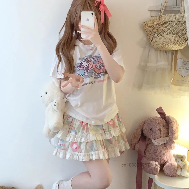 Sanrio Hello Kitty Fresh Cartoon Sweet Fluffy Skirt Y2k Cute Soft Girl Lace Short Skirt Japanese Style Harajuku Trend Half Skirt