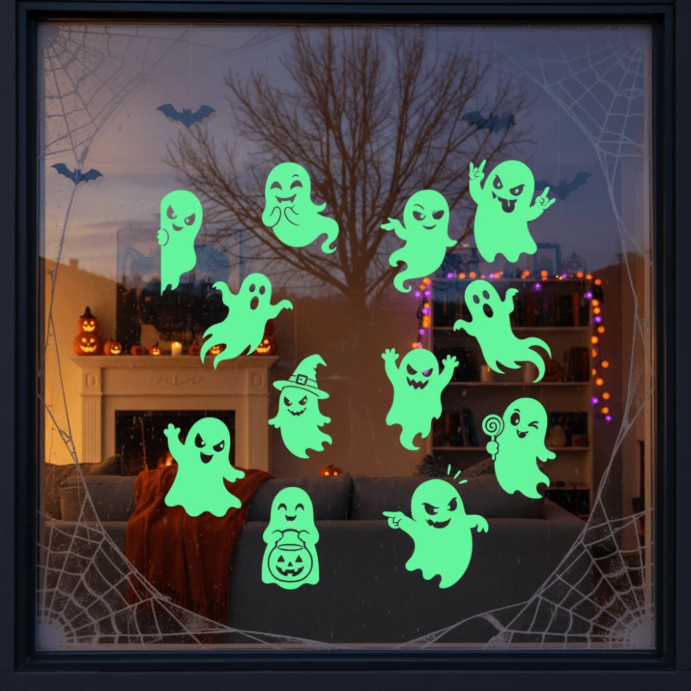 2 Sheet Fluorescent Halloween Luminous Wall Sticker Ghost Pumpkin Eye Pattern Green Light Static-cling Stickers PVC Wall Decals