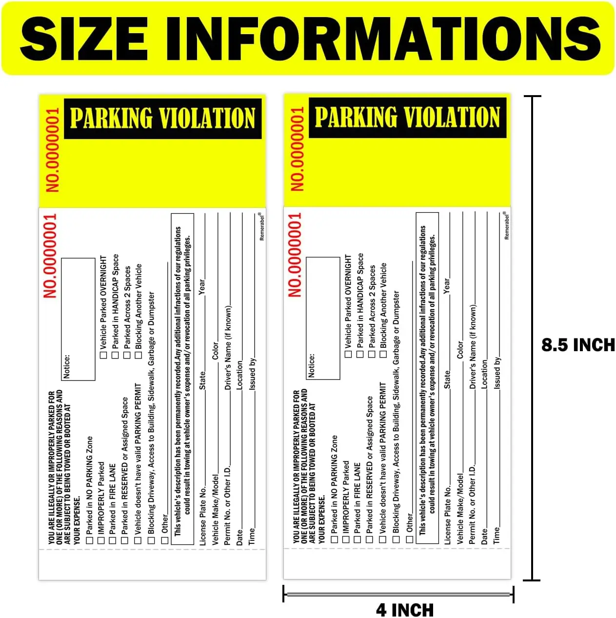 2 Part Parking Violation Ticket Carbonless Vehicle Illegally Parked Tag 8.5x4inch Tow Warning Notice Parking Violation Ticket