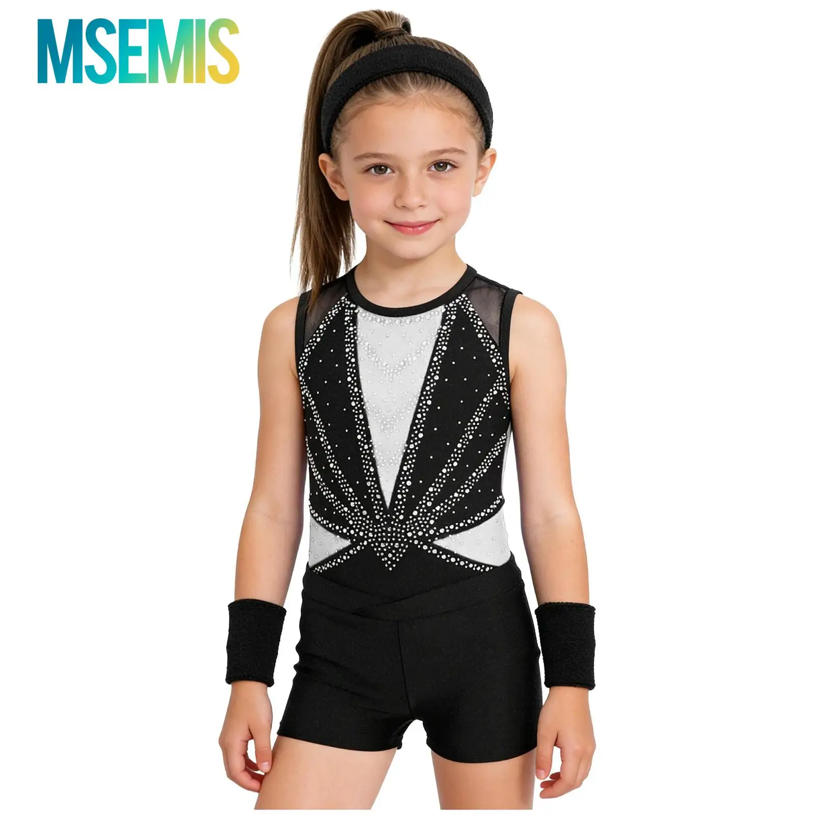 

Kids Girls Gymnastics Ballet Modern Dance Costume V-front Waistband Shorts Bottoms Leotard And Sports Headband Wristbands Set