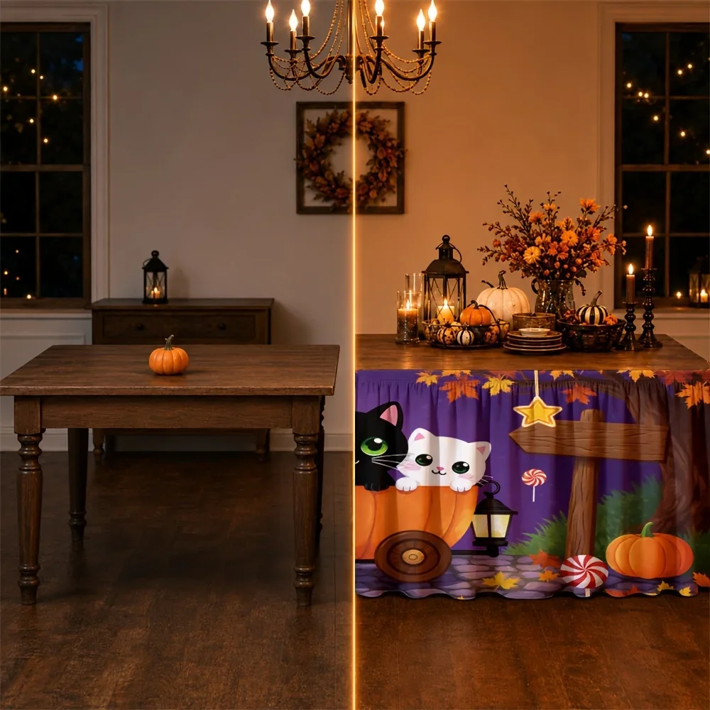 tableskirt cartoon black cat white cat pumpkin fallen leaves stars candies autumn Halloween partyxzj