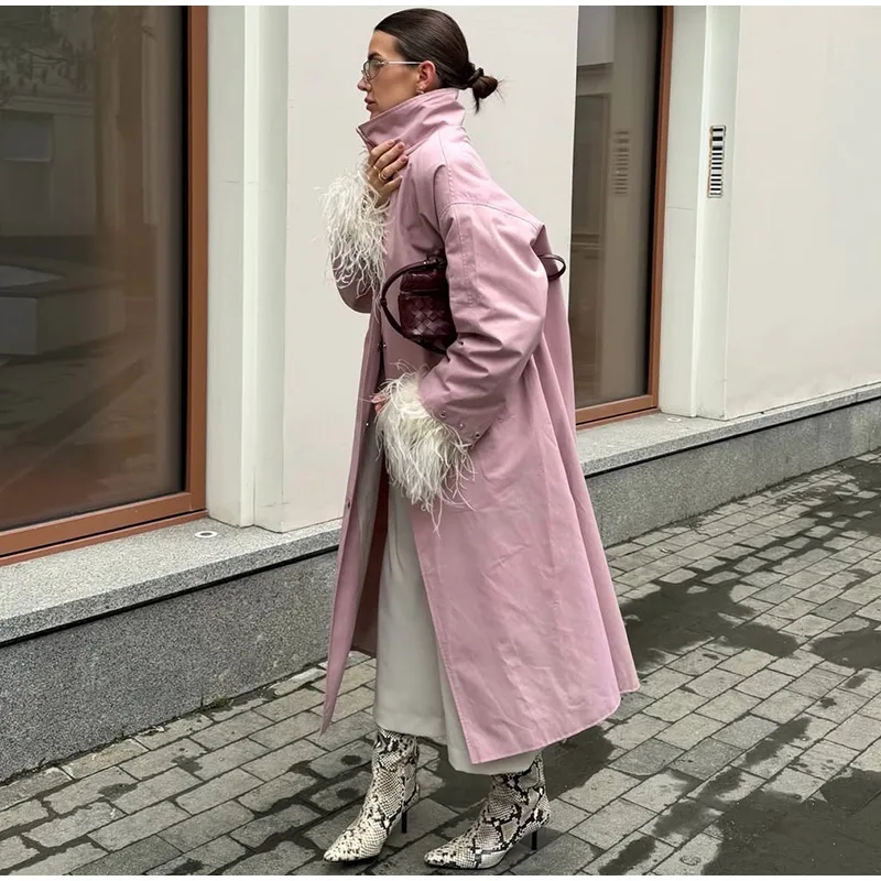 Damen Grasgrüner High-Street-Trenchcoat Stehkragen Fallende Schultern Knöpfe Großer Windbreaker 2026 Herbstmode Freizeitjacke – Detail 11