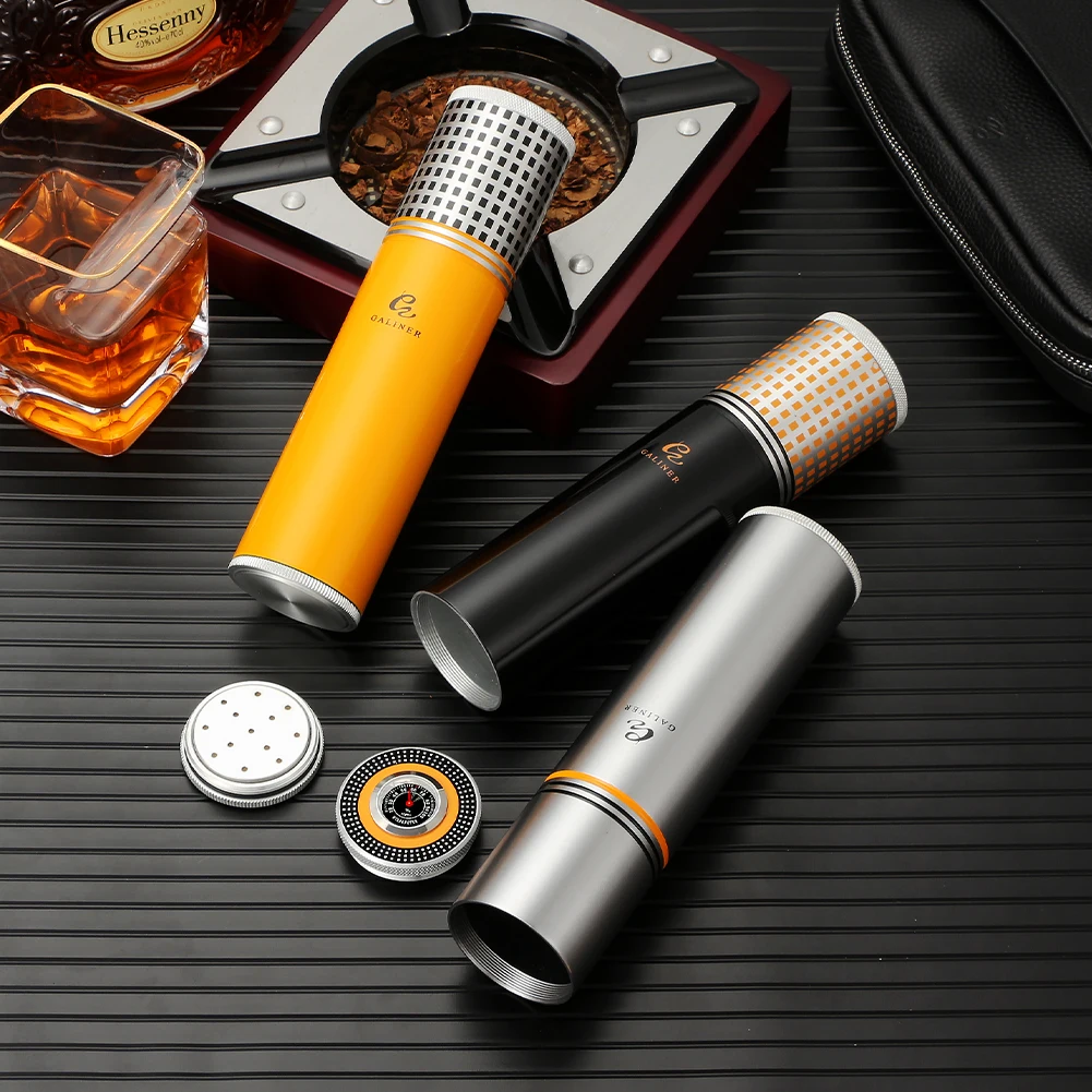 GALINER Aluminium Alloy Travel Cigar Humidor Metal Jar Cigar Tube Holder W/ Hygrometer Humidifer Cigar Accessoires Case