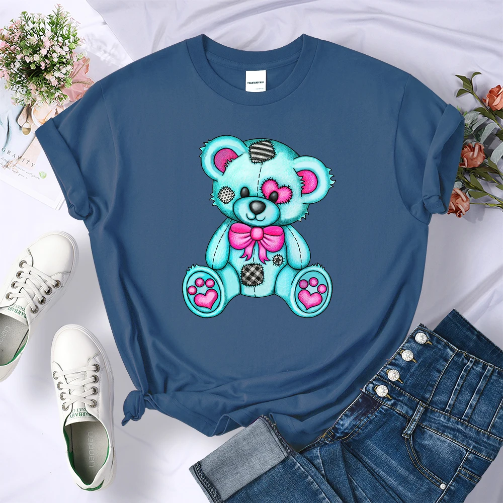 Kawaii Blue Patch Bear Cartoons T-Shirts Female Casual Sport Tshirts Fashion Hip Hop Tee Clothing Street Summer Short Sleeve