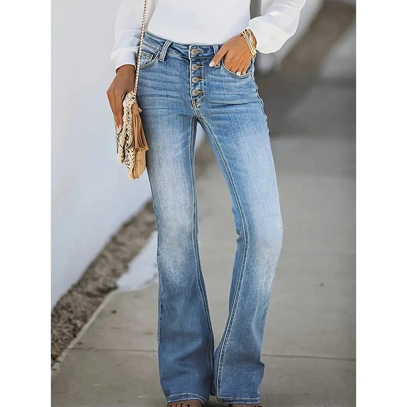 Nieuwe Lente Zomer Dames Jeans Retro Afslanken Multi Button Hoge Taille Lichte Flare Broek Gewassen Casual Wome Jeans TC08324