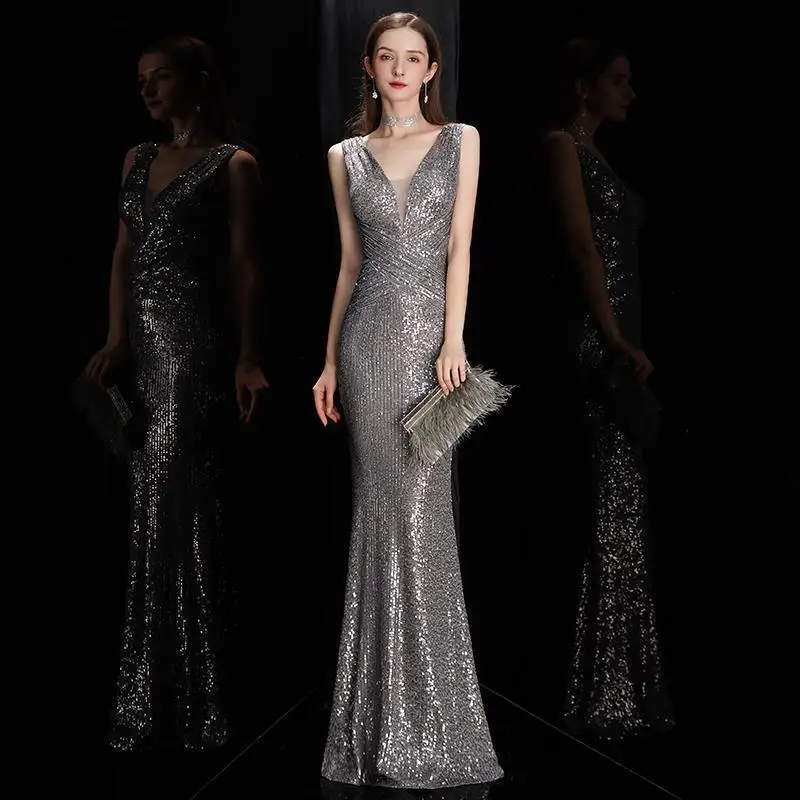 Elegantes Abendkleid mit V-Ausschnitt und Pailletten, lang, 2025, für Damen, Meerjungfrau, formelles Kleid, Partykleid, figurbetontes Maxi-Abschlussballkleid