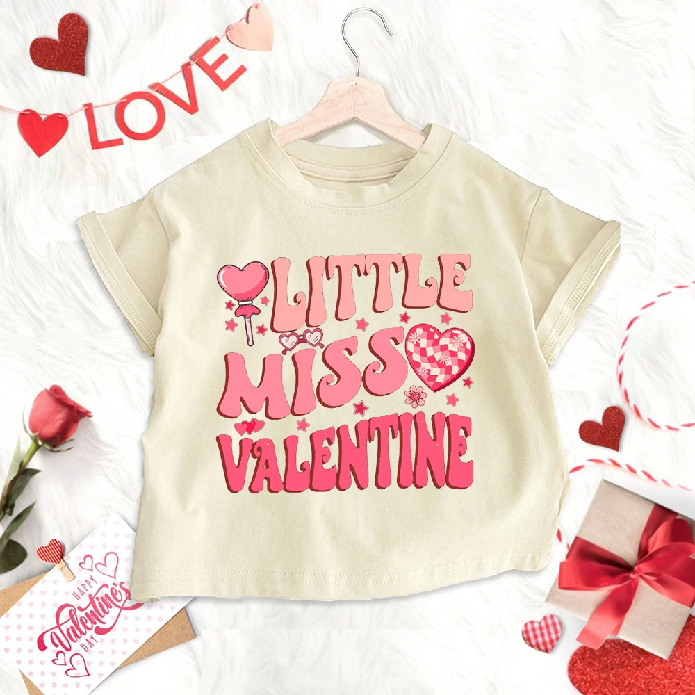 

Little Miss Valentine Print Kids Shirt Valentine's Day Boys Girls Outfit T-shirt Child Holidy Short Sleeve Tee Toddler Retro Top