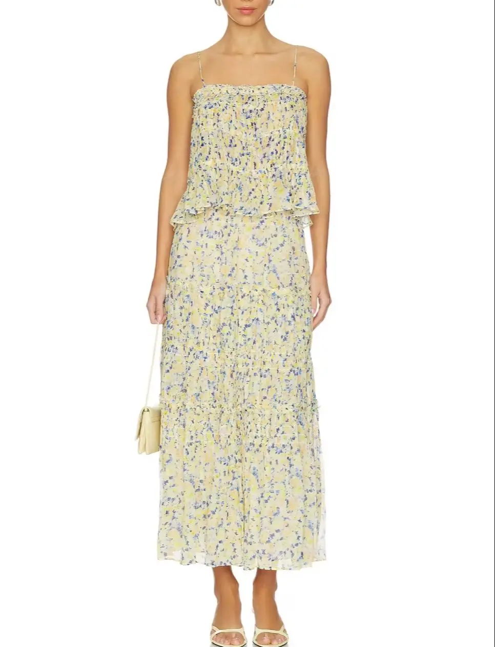 Women Flower Printed Silk Set Ruffle Hem Camisole + Ruffle Spliced High Waist A-Line Long Skirt Elegant Outfit