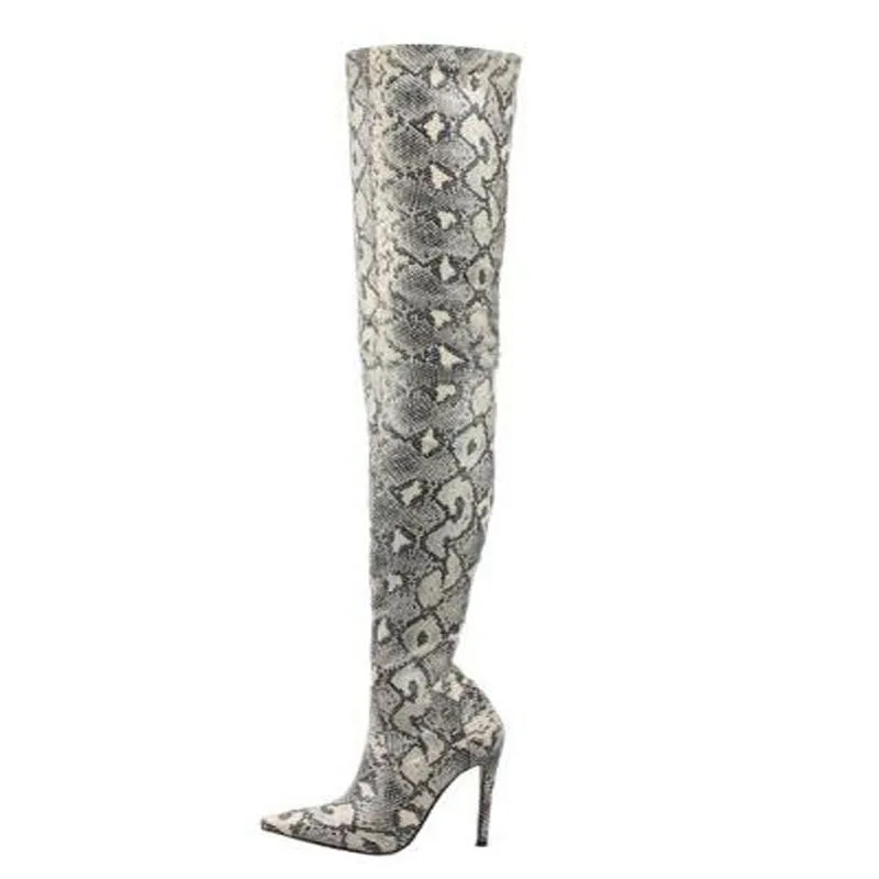 Size 48 Women Sexy Burgundy Orange Gray Python Snakeskin Leather Slim Pointed Toe Thin Heels Over The Knee Thigh Long Boots Shoe