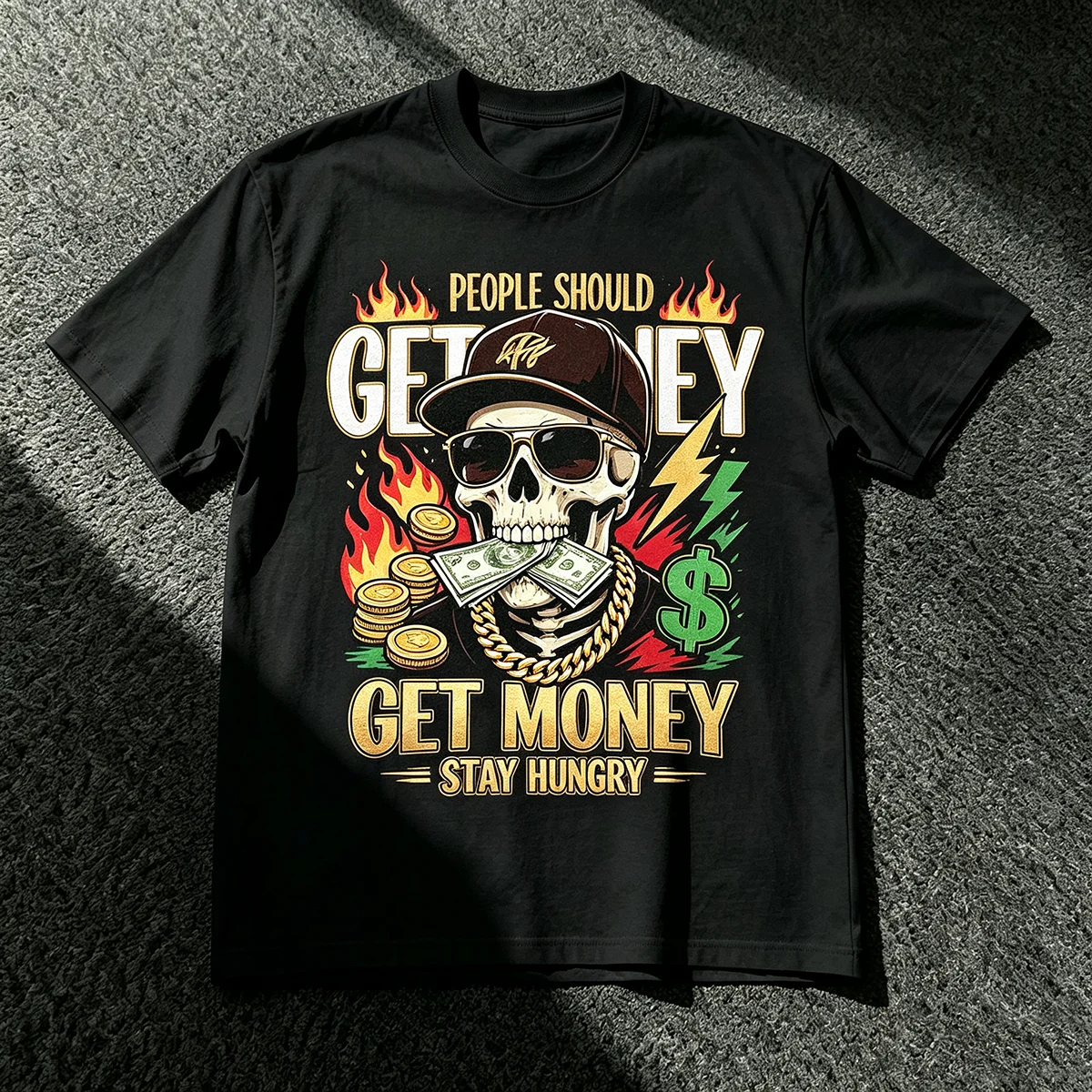 Get Money Stay Hungry T‑Shirt Hip Hop Skull With Money Gold Chain Fire Graphic Urban Rap Culture Streetwear Unisex Cotton Short Sleeve Tops for Men Women