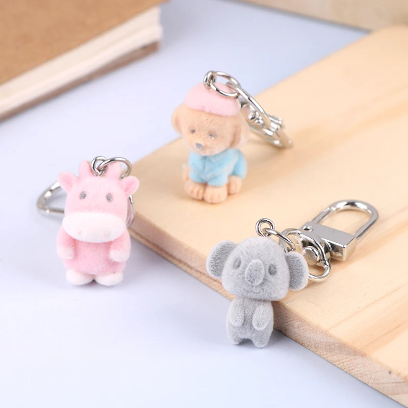 3D Cute Flocked Small Animal Plush Keychain Cartoon Flocked Dog Keychain Animal Pendant Backpack Dangling Car Accessories