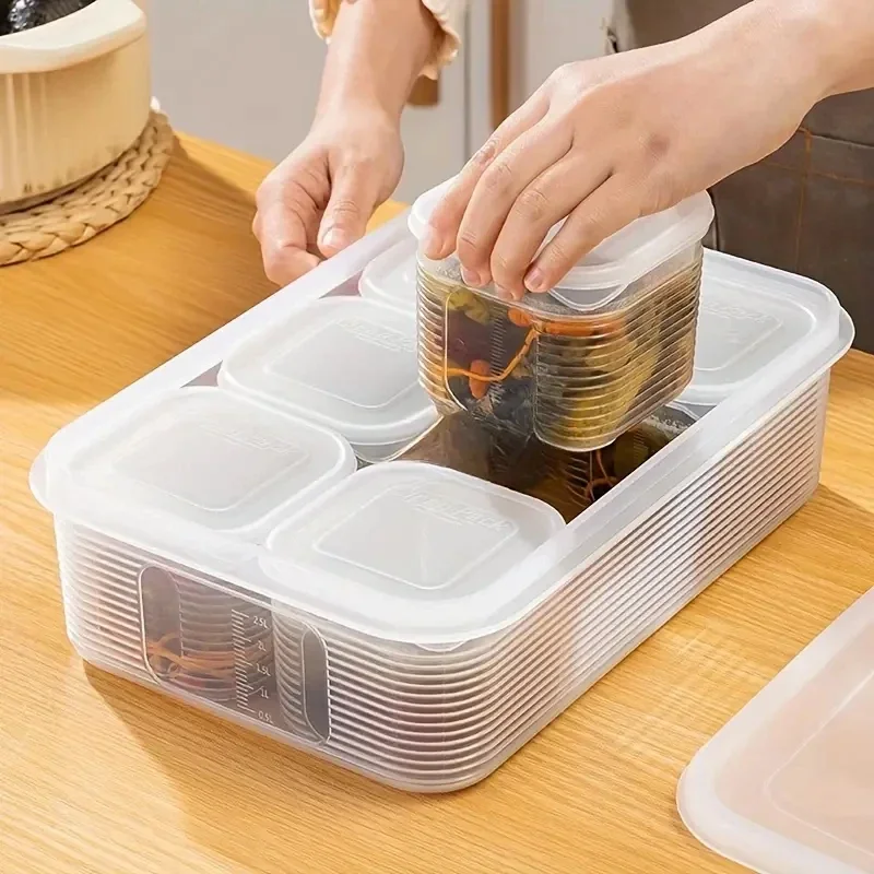 Food Storage Container 6 Grids Vegetable Fruit Fresh-keeping Box with Lid for Refrigerator Kitchen Spice Seasoning Storage Jar