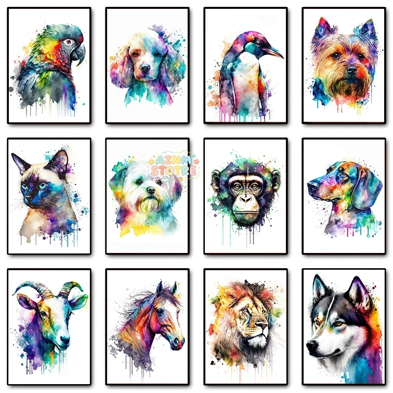 Watercolor Animals Portrait Lion Maltese Dog Monkey Poster and Prints Canvas Painting Wall Art Pictures Home Nursery Decor