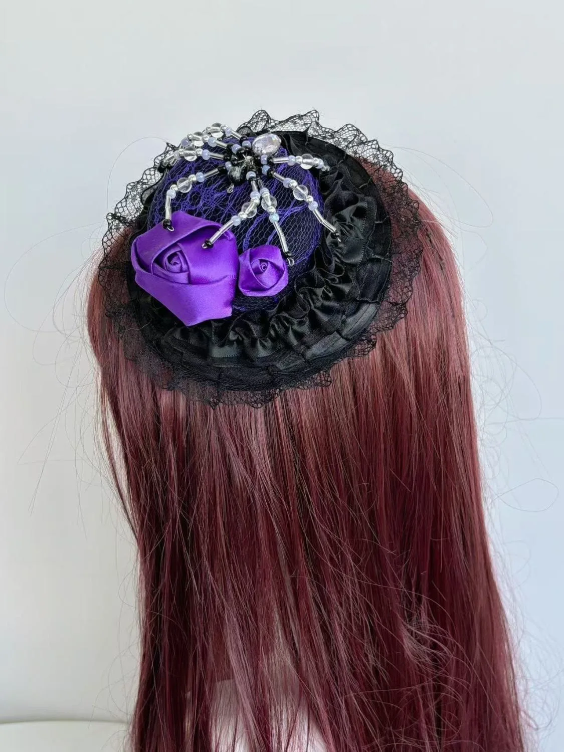 Lolita Ball Top Hat Lace Bead Dark Purple Goth Top Hat Hair Accessories Headdress Punk Spider Roses Side Clip Rose Headwear Hats