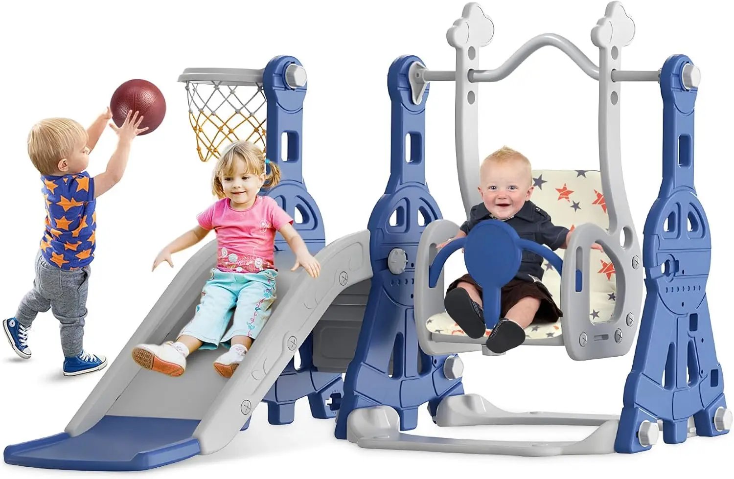 Set scivolo e altalena per bambini 4 in 1, scivolo per bambini di età 1-2 anni, con canestro da basket, set da gioco per bambini per interni ed esterni blu