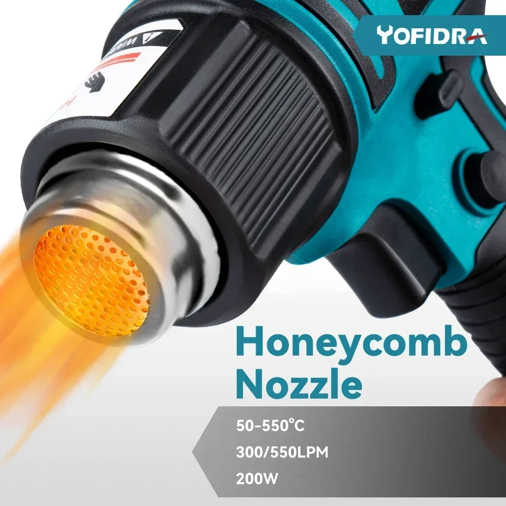 Yofidra 18V 50-550℃ 2500W Heat Gun.High/Low 2 Gears.Wind Speed 6 Gear Optional.With LED Temperature Display Cordless Hot Air Gun