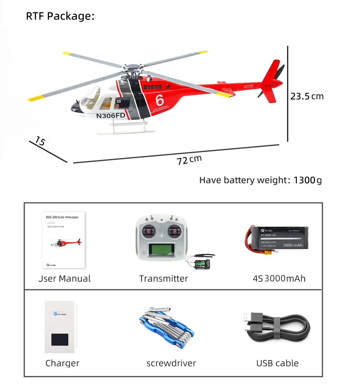 FLYWING Bell206 V4 Elicottero RTF Rc a quattro pale per adulti Stabile in bilico e posizionamento GPS 1:16 10CH Velivoli su larga scala