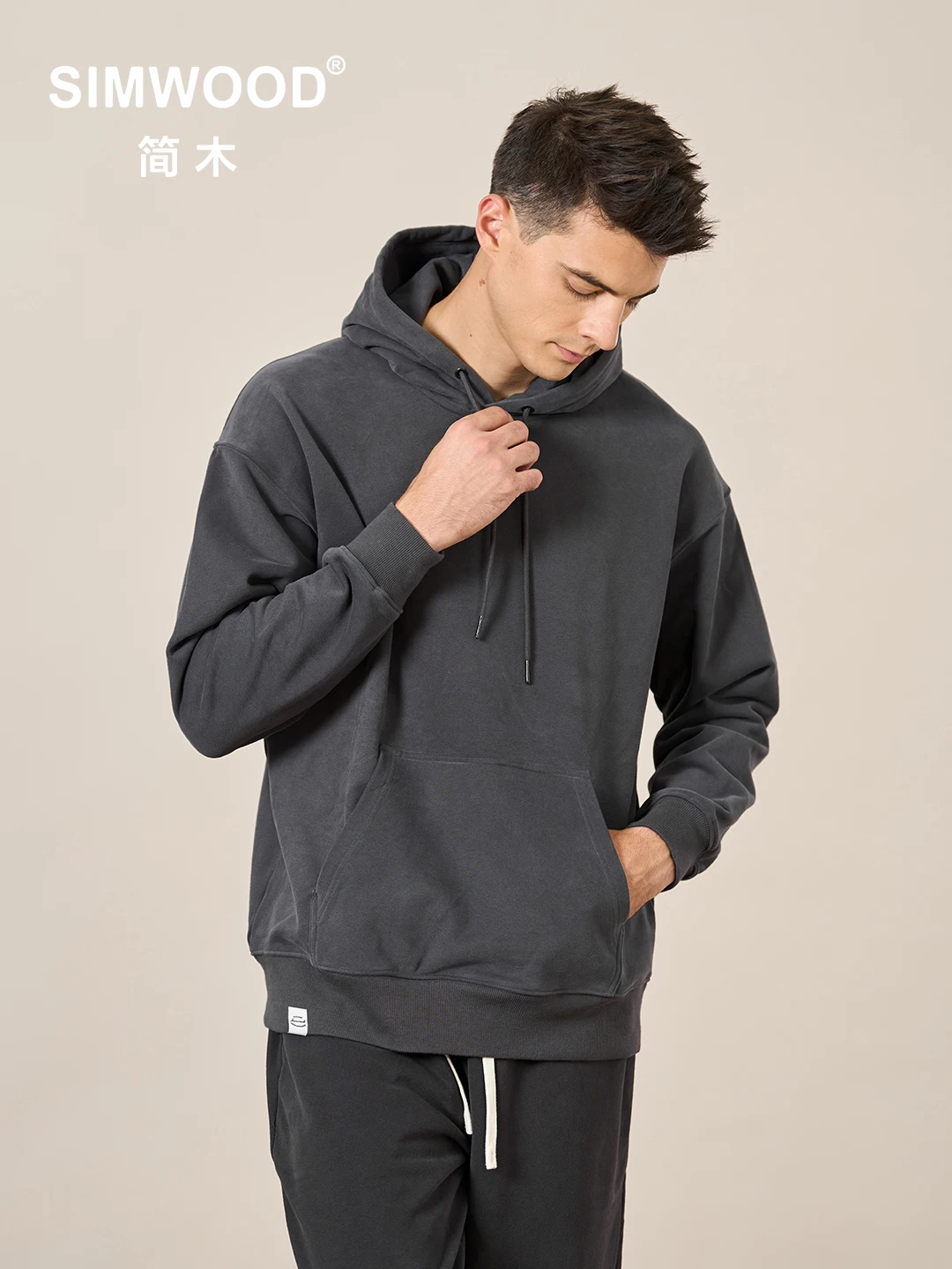 Simwood-oversize hoodies de tecido para homens, cor sólida, cor sólida, plus size, 360g, novo outono 2022