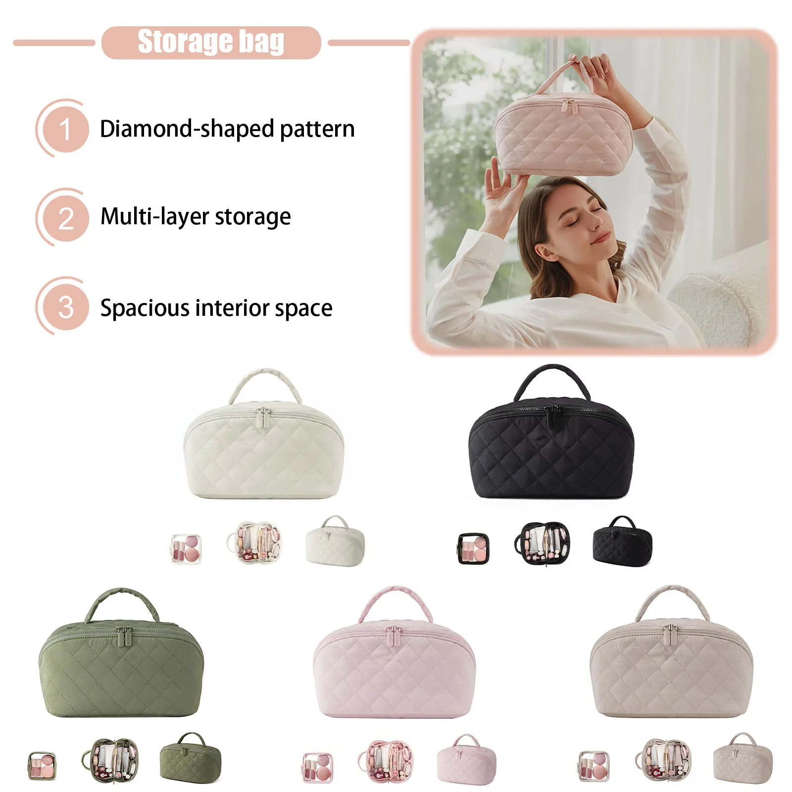 Travel Makeup Bag with Brush Compartment & Handle Puffer Makeup Pouch Small Cosmetic Bag Travel Toiletry Bag for Women and Women