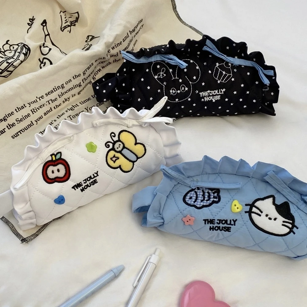 

Large Capacity Cartoon Pencil Case Cosmetics Storage Cloth Ruffled Korean Pencil Bag Portable Cat Bee Rabbit Makeup Bag Gifts