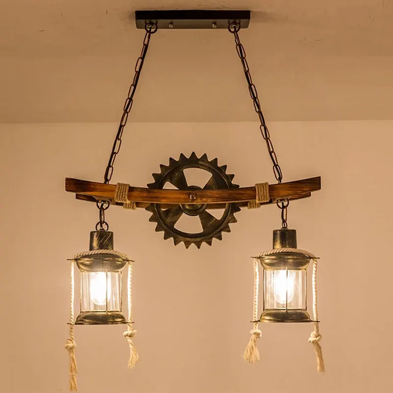 American Light Design Vintage Chandelier Retro Cafe Bar Restaurant Wooden Loft Pendant Lamp Gear Industrial Hanging Glass Light