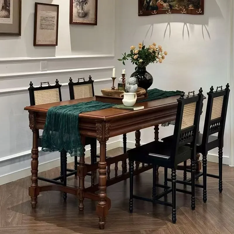 French Retro Solid Wood Dining Table Rectangular Carved Design Medium Size Antique Style for Small Apartment Living Room