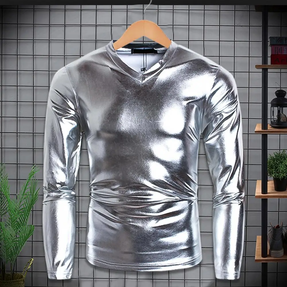 Men T-shirt Glossy Appearance Solid Color Long Sleeve Top V Neck T-shirt Nightclub Party Performance Men Bottoming T-shirt