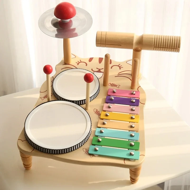 Crianças de madeira música instrumento percussão brinquedos conjunto tambor musical kit música de madeira bebê sensorial crianças tambor byzhimei woodplay presentes