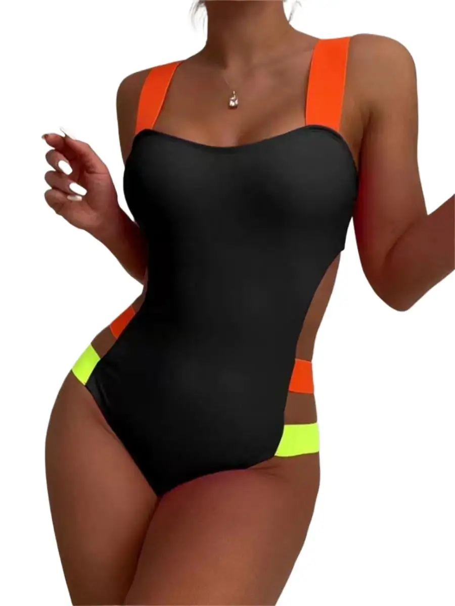 TOP Sexy Black Contrast One Piece Swimsuit Women Neon Strap Hollow Out Backless Monokini Summer Bathing Suit Patchwork Swimwear