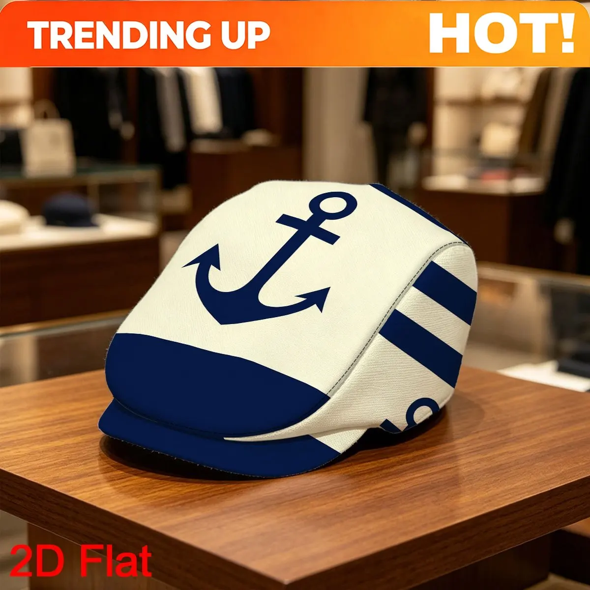 Customization 1pc 2D Flat With Nautical Anchor Striped Background Print Adjustable Flat Cap Vintage Gentleman'S Hat Men Beret Ha