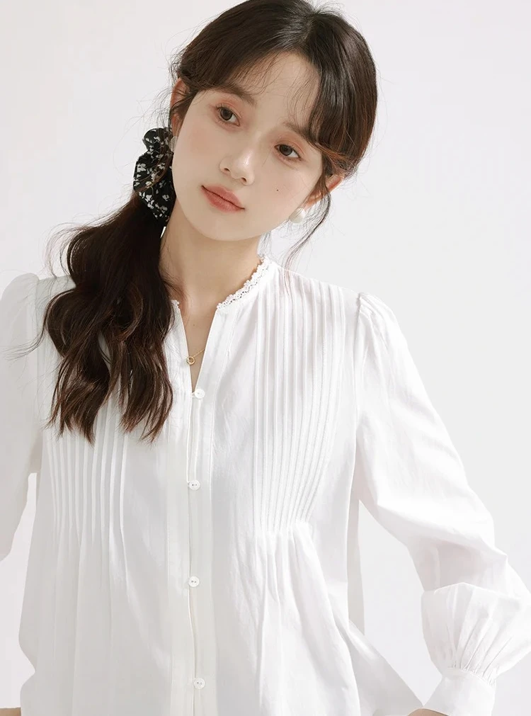 Blusa elegante con mangas abullonadas para mujer, camisa Vintage francesa con cuello en V, Top elegante de manga larga para otoño, ropa informal diaria o de oficina