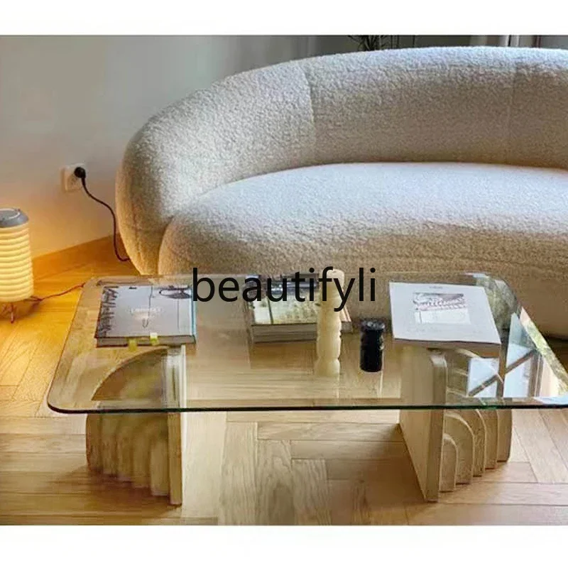 

11zNordic natural travertine coffee table creative designer hotel living room tempered glass light luxury modern tea table