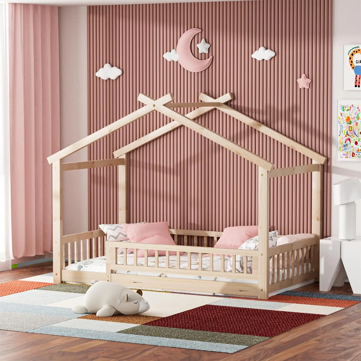 

Twin House Bed with Fence, Wooden Montessori Bed with Slats Support, Floor Bed Frame for Boys Girls Bedroom, Natural, Customized